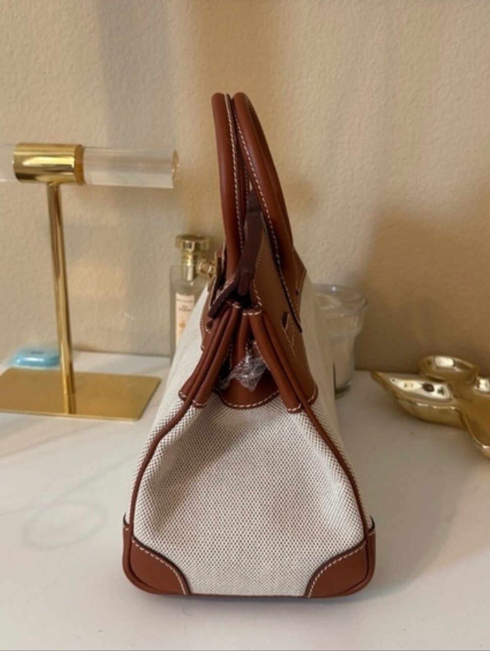 25cm Leather & Canvas Combo Brown Satchel - Picture 3 of 10